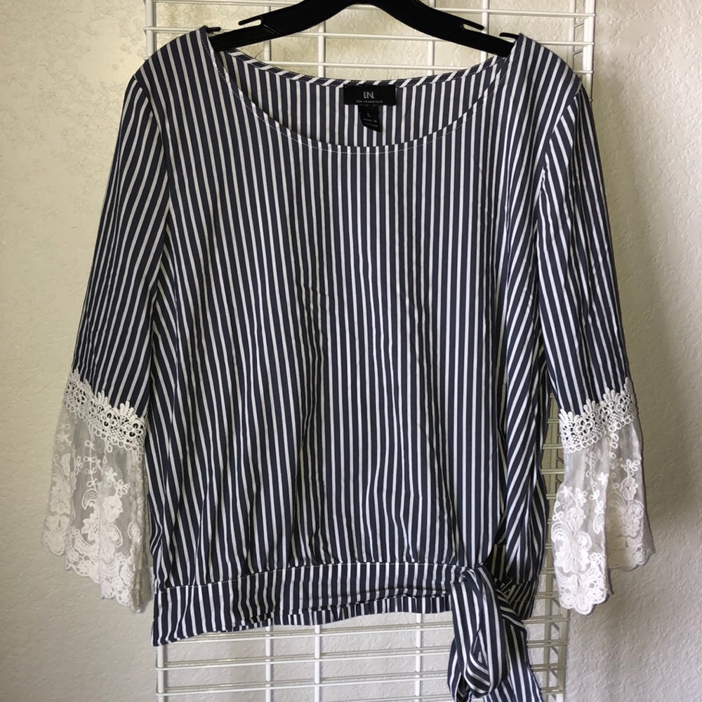 Pinstriped Blouse with Lace Sleeves
